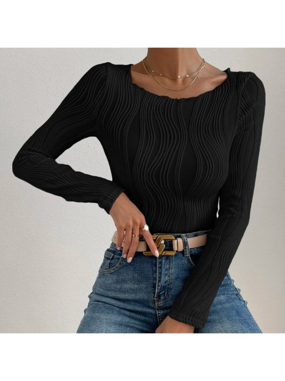 Black Frenchy Silky Textured  Round Neck Tee